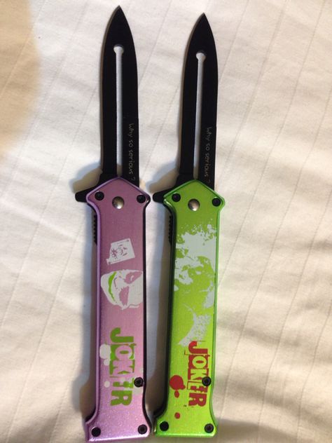 His and hers Joker knives.., why so serious? Matching Knives For Couples, Matching Knives, Pretty Knives, Why So Serious, Couple Matching, Swiss Army Knife, Quick Saves