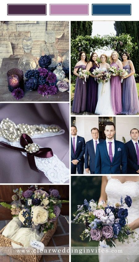 7 Amazing Wedding Color Combos in Shades of Purple – Clear Wedding Invites Lilac Navy Wedding, Bridesmaid Dresses Navy, Purple Boutonniere, Navy Wedding Colors, Lilac Bridesmaid, Lilac Bridesmaid Dresses, Plum Wedding, Wedding Color Combos, Purple Wedding Theme