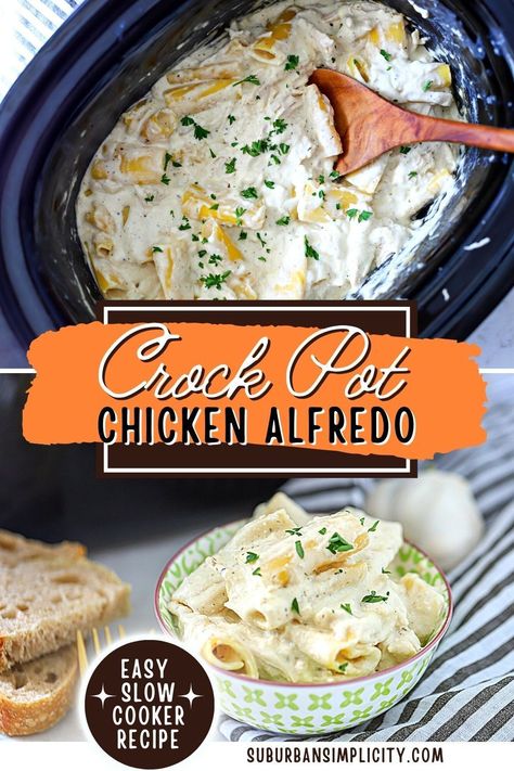 Crock Pot Chicken Alfredo is an easy and incredibly satisfying meal with tender chicken, pasta, and extra creamy white sauce you can make at home. It's easy to prep in 5 minutes in your slow cooker and the whole family loves it! Chicken Alfredo In The Crockpot, Slow Cooker Chicken Alfredo Easy, Crockpot Chicken Alfredo With Jar Sauce, Crockpot Alfredo Chicken, Crock Pot Chicken Alfredo, Crockpot Recepies, Crockpot Chicken Alfredo, Slower Cooker, Chicken Alfredo Recipe