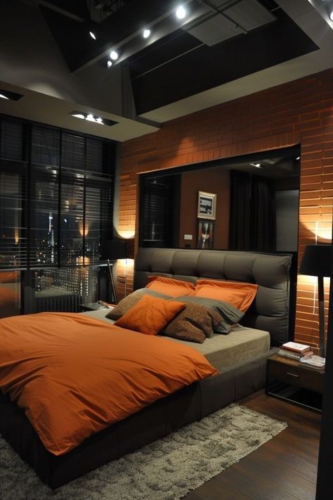 Men House Decor Ideas, Grey Orange Bedroom, Man House Decor, Red Black Bedrooms, Modern Masculine Bedroom, Black Room Ideas, Burnt Orange Bedroom, Bedroom Ideas For Men, Men's Bedroom