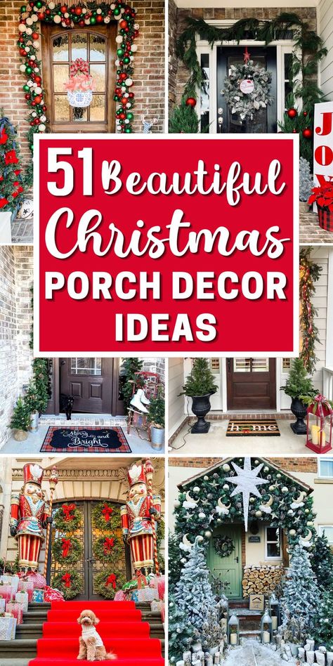 Elevate your Christmas porch decor with creative outdoor holiday decor ideas. From seasonal Christmas wreaths and rustic garlands to twinkling lights and cozy accents, these DIY Christmas porch ideas will infuse warmth and cheer into your front entryway. Embrace the spirit of the season with farmhouse-inspired Christmas porch arrangements that exude elegance and welcome guests with merry and bright vibes. Get ready to spread holiday joy with stunning front porch ideas for Christmas. Decorating Front Porch For Christmas, Porch Christmas Tree, Porch Garland, Porch Ornaments, Outdoor Christmas Decorations Yard, Outdoor Garland, Holiday Decor Ideas, Outside Christmas Decorations, Decoration Vitrine