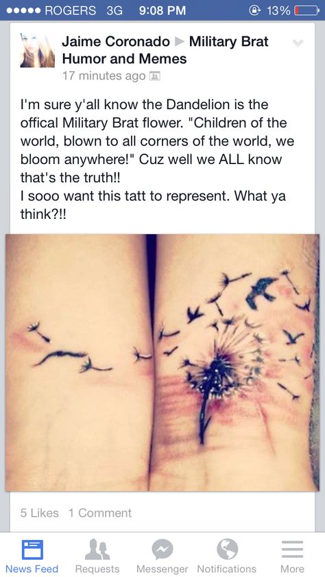 Would be a great tattoo to represent my connection to the friends we made while my hubs was in the military. Also my friends from my childhood; some of us have stayed in touch and some haven't but we'll always be special to each other. :) Sappy moment over. Military Brat Tattoo, Brat Tattoo, Brats Tattoo, Dandelion Tattoo Quote, Tattoos For Baby Boy, Navy Wife Life, Mum Tattoo, Military Brat, Tattoo Placements