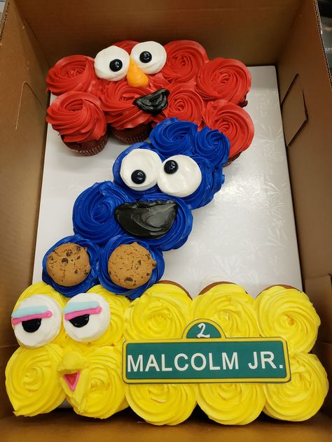 Sesame Street Cupcakes Diy, Sesame Street Birthday Cupcakes, Sesame Street Cupcake Cake, Elmo Cupcake Cake, Sesame Street Pull Apart Cupcake Cake, Sesame Street Birthday Cake Ideas, Sesame Street Cakes, Sesame Street 2nd Birthday Girl, Sesame Street Food Ideas