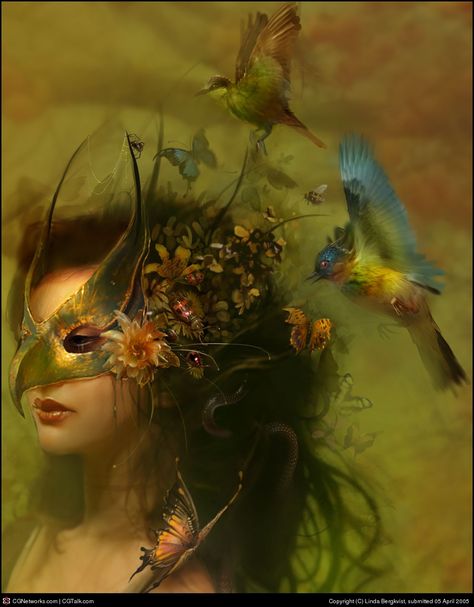 linda bergkvist art~ love the mask Flowers In Her Hair, Wearing A Mask, Venetian Masks, Carnival Masks, Beltane, Masks Masquerade, Beautiful Mask, Masquerade Mask, Masquerade Ball