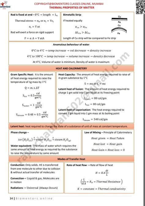 Thermal Properties Of Matter Notes, Physics Cheat Sheet, Formula Sheet, Physics Lessons, Physics Concepts, Physics Formulas, Study Stuff, Short Notes, Physics Notes