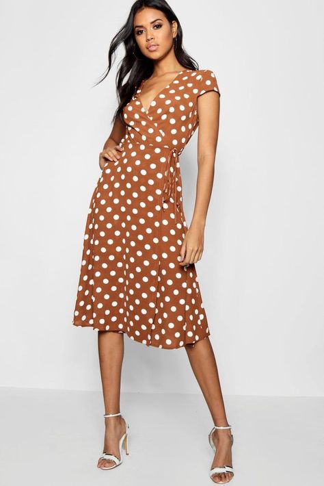 Boohoo Boutique Polka Dot Wrap Dress Womens Polka Dot Dress, Brown Polka Dot Dress, Polka Dot Wrap Dress, High Neck Midi Dress, Brown Polka Dots, Wrap Around Dress, Office Dresses, Bodycon Fashion, Ladies Boutique