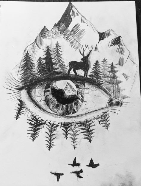 Meaningful Nature Drawings, Mountain Drawing Landscapes, Creative Nature Drawings, River And Mountains Drawing, Person In Nature Drawing, Easy Outdoor Drawings, Drawing Ideas Outdoors, Outdoor Drawings Nature, Drawing Ideas Creative Unique Nature