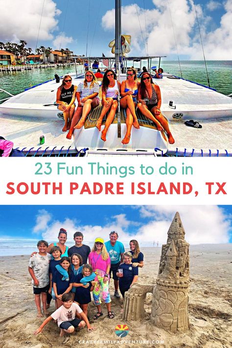 The top image shows a group on a catamaran, and the bottom image shows a large family building a sandcastle.  Fun things to do in South Padre Island Texas South Padre Island Texas Outfits, Texas Family Vacation Ideas, San Padre Island Texas, Things To Do In South Padre Island Texas, South Padre Island Things To Do, South Padre Island Texas With Kids, South Padre Island Texas Pictures, South Padre Island Beach, Padre Island Texas