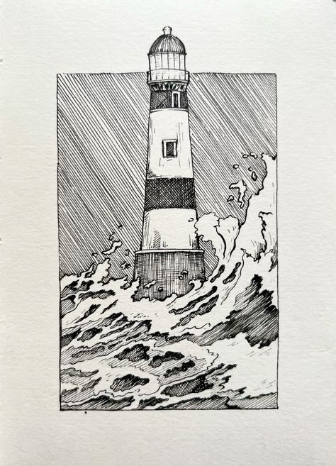 A lighthouse for coastal navigation. Sketch from inktober sketchbook Lighthouse Pen Drawing, How To Draw Boats, Water Sketch Drawing, Lighthouse Drawing Sketch, Old Ship Drawing, Light House Drawing Sketches, Ink Sketches Sketchbooks, Lighthouse Line Drawing, Pier Drawing