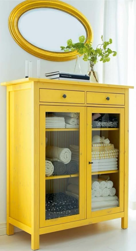 Yellow Cabinets, Ikea Hemnes, Linen Cabinet, Furniture Trends, Diy Picture, Ikea Furniture, Furniture Painting, Bathroom Cabinets, Ikea Hacks