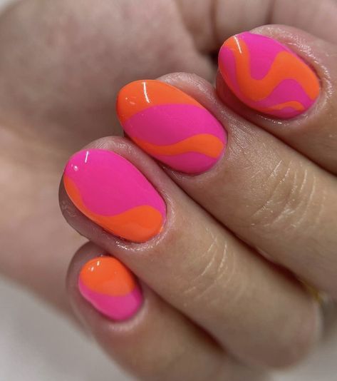 Hot Pink And Orange Nails, Nails Fucsia, Orange And Pink Nails, Orange Toe Nails, Pink And Orange Nails, Rave Nails, Acrylic Nails Almond Shape, Spring Break Nails, Broken Nails