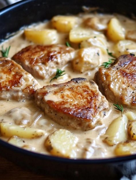 Creamy Pork Chops and Potatoes 2 Creamy Pork Chops And Potatoes, Creamy Pork Chops, Pork Chop Dishes, Pork Sirloin, Pork Chops And Potatoes, Tender Pork Chops, Chopped Cheese, Pork Salad, Chicken Taco Recipes