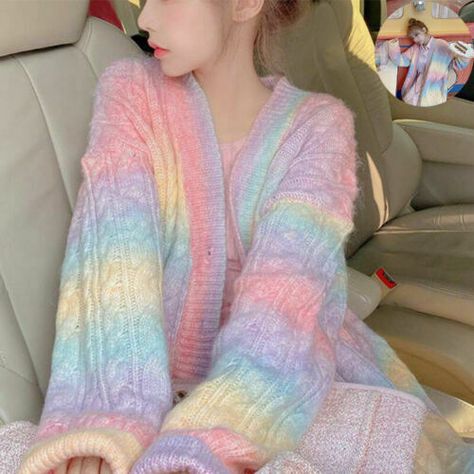 Kawaii Sweater, Rainbow Cardigan, The Cardigans, Style Kawaii, Fall Cardigans, Autumn Sleeve, Rainbow Sweater, Knitting Women Cardigan, Button Down Cardigan