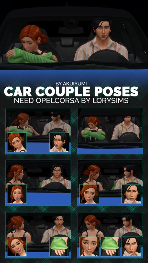 Car Poses: Couple - Sims Crazy Creations Poses In Car, Poses With Car, Car Couple, Sims 4 Couple Poses, Sims 4 Cheats, Sims 4 Piercings, Poses For Couples, Sims Stories, Sims 4 Black Hair