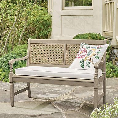 Outdoor Patio Benches & Patio Swings | Grandin Road Lutyens Bench, Cane Rocking Chair, Dining Bench With Back, Cane Bench, Patio Swings, Entrance Idea, Front Porch Bench, Front Porch Furniture, Fiddlehead Ferns