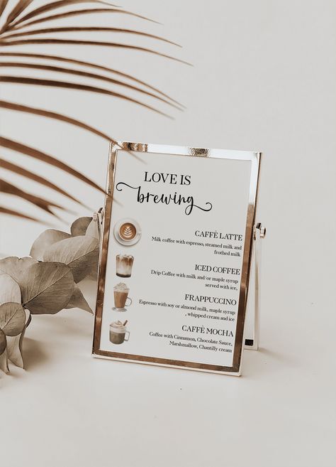 "This Beautiful Editable Coffee Menu Template is perfect for almost any occasion. Included but not limited to Weddings, Bridal Shower, Bachelorette Parties, Holiday Parties, and Birthday Parties. Choose from 60+ coffee illustrations and customize the design to make it your own. Available for INSTANT EDIT AND DOWNLOAD USING CORJL. **50% OFF ANY THREE ITEMS USE CODE: PLP50** TRY BEFORE YOU BUY FREE DEMO LINK Copy and paste this link into your browser: https://www.corjl.com/d/BEO03 PLEASE NOTE that Coffee Wedding Ideas, Coffee Wedding Bar, Coffee Shop Themed Party, Coffee Bar Menu Ideas, Coffee Bar At Party, Coffee Bar For Party, Love Is Brewing Bridal Shower Decor, Coffee Bar Party Ideas, Coffee Bar Bridal Shower Ideas