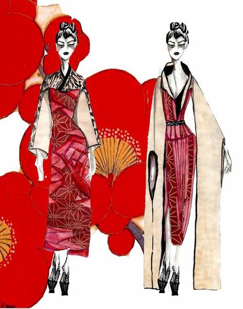 Kimono Fashion Drawing, Kimono Fashion Illustration, Inspired Fashion Illustration, Japanese Inspired Fashion, Kimono Inspired Fashion, Accessories Photoshoot, Fish Fashion, Fashion Sketchbook Inspiration, Kimono Art