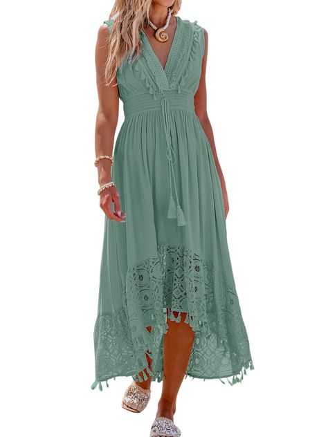 PRICES MAY VARY. [Unique Design]: Let us take for a touch of boho charm! Check out the mint green lace & tassel sleeveless maxi dress! With v neck, sleeveless, tassel detail, lace hem, smocked waist, a line and maxi length. Its relaxed silhouette and playful details are perfect for laid-back days or catching up with friends. [Perfect Sizing]: Available in XS=US(0-2), S=US(4-6), M=US(8-10), L=US(12-14), XL=US(16-18）. Please refer to our size chart for specific measurements to achieve the perfect Beach Formal Dress, Country Summer Dresses, Boho Dress Formal, Lace Tassel, Maxi Dress V Neck, Formal Long Dress, Beach Formal, Beachy Dresses, Women's A Line Dresses