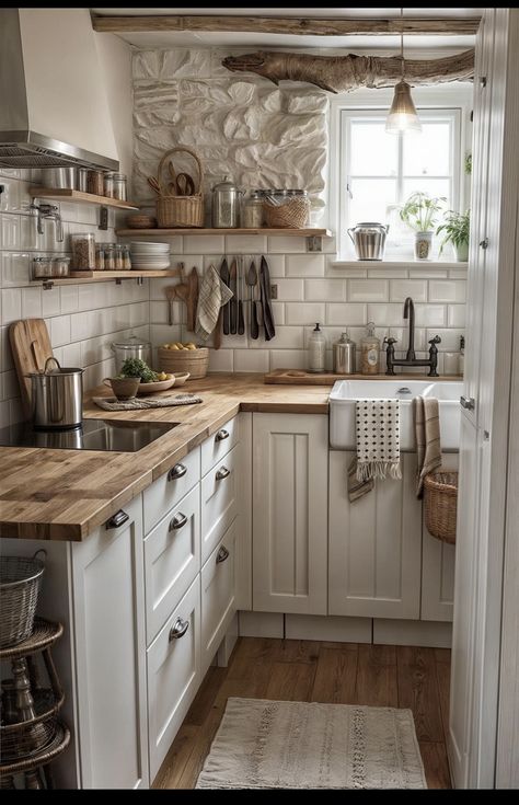 Cottage Aesthetic Interior Kitchen, Cottage House Aesthetic Kitchen, Cottage Core Small Kitchen, Kitchen Remodel Cottage Core, Cute Kitchen Cottage Core, Kitchen Counter Decor, Casa Country, Cozy Kitchen, Farmhouse Style Kitchen