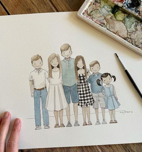 Drawn Family Portrait, Family Drawing Illustration, Watercolor Family Portrait, Illustrated Family Portrait, Family Watercolor, People Paintings, Family Portrait Drawing, Watercolor Beginner