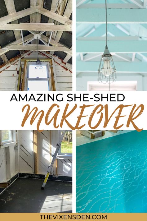 Outdoor Shed Makeover Interior, Paint Shed Floor, Painting Metal Shed, She Shed Ceiling Ideas, Metal Shed Makeover, Shed Ceiling Ideas, Shed Makeover Interior, Shed Ideas Inside, Shed Paint Colours