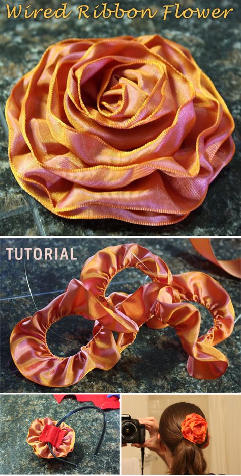 Wired Ribbon Flowers Diy, Making Ribbon Flowers, Ribbon Flowers Tutorials, Diy Ribbon Flowers Tutorial, Wire Ribbon Flowers, Wired Ribbon Crafts, Ribbon Roses Diy, Aesthetic Paper, Ribbon Flowers Diy