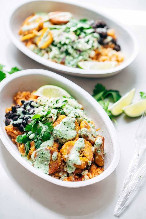 Lime Slaw, Cilantro Lime Slaw, Fried Plantains, Burrito Bowls Recipe, Rice And Beans, Burrito Bowls, Plantains Fried, Seasoned Rice, Vegetarian Lunch