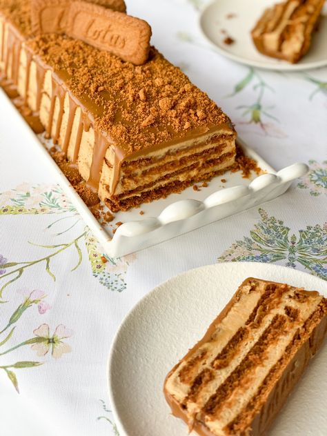 Biscoff Ice Cream Cake, Biscoff Icebox Cake, Biscoff Recipes Easy, Lotus Cake Recipe, Potluck Cake, Lotus Biscoff Recipes, Lotus Biscoff Dessert, Biscoff Cake Recipe, Biscoff Desserts