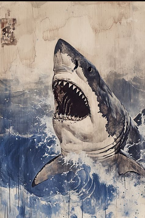 Shark art poster inspired in the style of Japanese-inspired motifs, He Jiaying, cardboard, RTX, Winslow Homer, cross-hatching. Shark Posters, He Jiaying, Shark Artwork, Shark Poster, Shark Illustration, Dark Tide, Shark Drawing, Shark Art, Marine Art