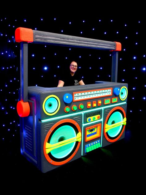 80s Theme Party, Nightclub Design, Drinks Bar, Event Props, Prop Hire, 90s Theme, Dj Booth, Dj Party, Glow Party