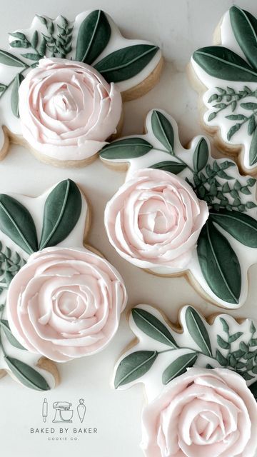 Royal Icing Peonies, Peony Cookies Decorated, Custom Bridal Shower Cookies, Peony Cookies, Springtime Cookies, Leaves Cookies, Macaron Designs, Floral Cookies, Flower Sugar Cookies