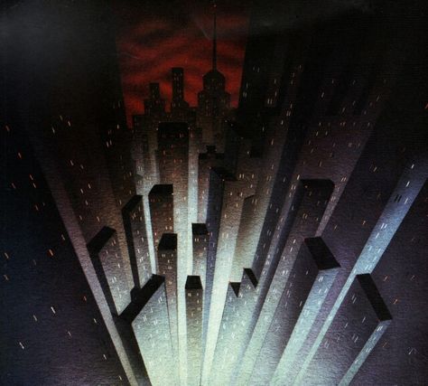 Batman the animated series. Gotham City concept art by eric radomski Gotham City Skyline, Art Deco City, Batman Backgrounds, Dark Deco, Univers Dc, Bruce Timm, Batman The Animated Series, Batman Wallpaper, Arte Cyberpunk