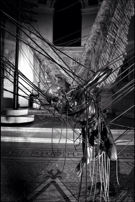 41 Strange on Twitter: "Lucifer (Morningstar) is a wax sculpture depicting the devil snared in a set of power lines inside the Holy Trinity Church in London. This statue was part of an art installation built by British artist Paul Fryer… https://t.co/vhn9VizltE" Star Sculpture, The Fallen Angel, Ange Demon, Book Sculpture, Lucifer Morningstar, Dramatic Lighting, Heaven And Hell, Art House, Creepy Art