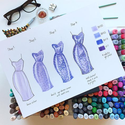 Sarah Jane on Instagram: “A sparkling little step-by-step ✨ The following is a quick look at how I sometimes render shimmering sequins. Hope it’s helpful to some!…” Fashion Study, Croquis Fashion, Fashion Illustration Tutorial, Fashion Illustrations Techniques, Illustration Techniques, Fashion Drawing Tutorial, Sketch Books, Fashion Sketchbook, Sarah Jane