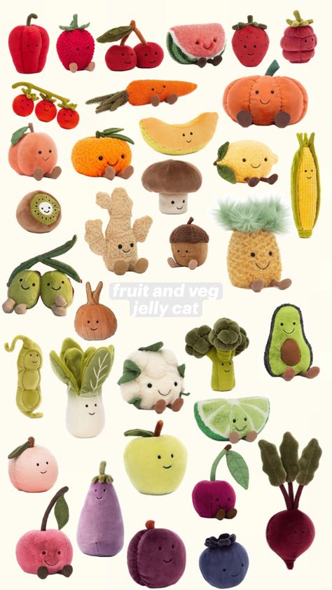 fruit and veg jellycat collection Jelly Cat, Jellycat Stuffed Animals, Iphone Case Stickers, Studio Ghibli Art, Ghibli Art, Xmas Presents, Birthday List, Cute Stuffed Animals, Fruit And Veg