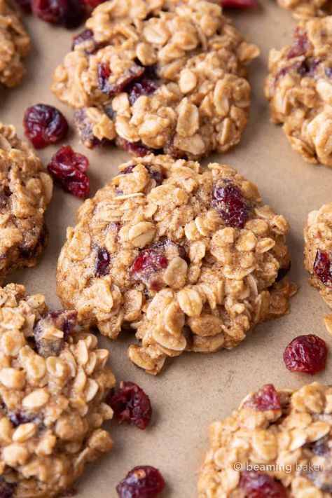 Oatmeal Christmas Cookies, Healthy Vegan Oatmeal, Oatmeal Cranberry Cookies Recipe, Beaming Baker, Cranberry Cookies Recipes, Vegan Oatmeal Cookies, Oatmeal Cranberry Cookies, Coconut Macaroons Recipe, Healthy Oatmeal Cookies