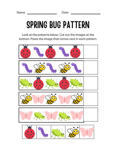 Bug Patterns Preschool, Free Bug Printables For Preschool, Bug Activity Preschool, Bug Worksheets Preschool Free Printable, Insects Worksheets Preschool, Bugs Worksheet, Butterflies Preschool, Bug Patterns, Preschool Pattern Worksheets