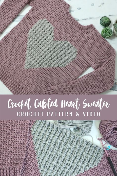 Heart Sweater Crochet Pattern, Crochet Heart Sweater Pattern Free, Crochet Heart Sweater, Extended Single Crochet, Crochet Shirts, Crocheted Cardigan, Crochet Pullover, Heart Crochet, Crochet Jumper