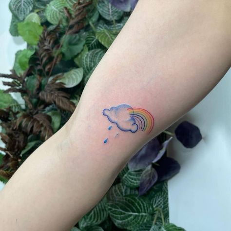 Cloud And Sky Tattoo, Cloud With Rainbow Tattoo, Rainbow After Rain Tattoo, Rainbow Rain Tattoo, Storm Rainbow Tattoo, Pastel Cloud Tattoo, Rainbow After The Storm Tattoo, Rain And Rainbow Tattoo, Somewhere Over The Rainbow Tattoo Ideas