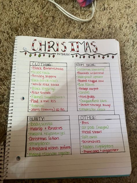 Preppy Christmas List On Paper, Christmas List Writing Ideas, Christmas List Title Ideas, Organized Christmas List, Christmas List Organization, Christmas Wishlist Design Ideas, Christmas List Outline, Christmas Wish List Aesthetic Paper, Cute Christmas Wish List Ideas On Paper