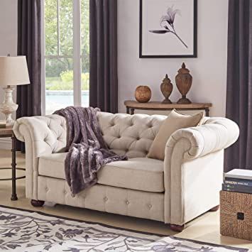 Inspire Q Knightsbridge Beige Linen Tufted Scroll Arm Csterfield Loveseat by Artisan Beige Chesterfield Sofa, Traditional Couch, Beige Loveseat, Deep Loveseat, Chesterfield Loveseat, Tufted Chesterfield Sofa, Brown Cushions, Hot Picks, Furniture Deals