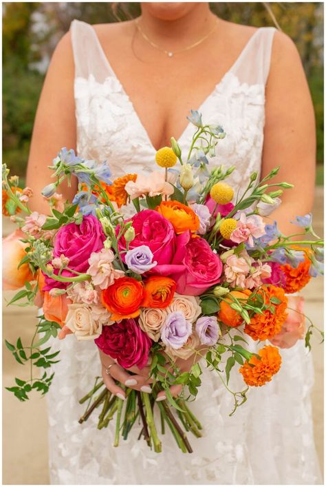 Daniel's Vineyard Colorful Fall Wedding » Monica Brown Photography Colorful Garden Wedding Ideas, Colorful Bouquets Wedding, Orange Peach Purple Wedding, Spring Vs Fall Wedding, Marigolds Wedding Bouquet, Colorful June Wedding, Multi Color Bridal Bouquet, Sunset Colored Flowers, Early Fall Wedding Ideas