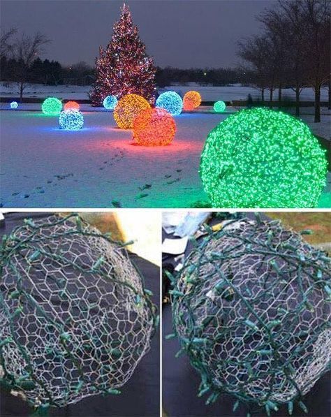 Christmas Lights Ideas, Chicken Wire Diy, Diy Christmas Ball, Outdoor Christmas Diy, Diy Christmas Lights, Hanging Christmas Lights, Lights Ideas, Wire Diy, Diy Chicken