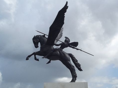 National Memorial Arboretum - Parachute Regiment -  Pegasus and the rider Bellerophon Pegasus Rider, Horse With Wings, Parachute Regiment, Greek Mythology Tattoos, Winged Horse, Mythology Tattoos, Greek Sculpture, Loki Laufeyson, Greek Art