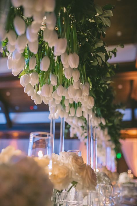 Hanging Tulips Wedding, Tulips In Wedding, Tulip Wedding Theme Table Settings, Wedding Centerpieces Tulips, Tulip Wedding Decor, Tulip Installation, Tulip Wedding Theme, Water Wedding Centerpieces, Tulip Centerpieces Wedding