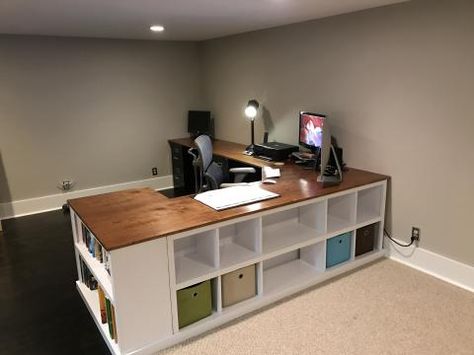 Cubby/Bookshelf/Corner Desk Combo Corner Desk Basement, Corner Desk Facing Out, Desk Bookshelf Combo, Corner Desk Ideas, Cubby Desk, Cubby Bookshelf, Home Office Desk Ideas, Bookshelf Corner, Diy Corner Desk