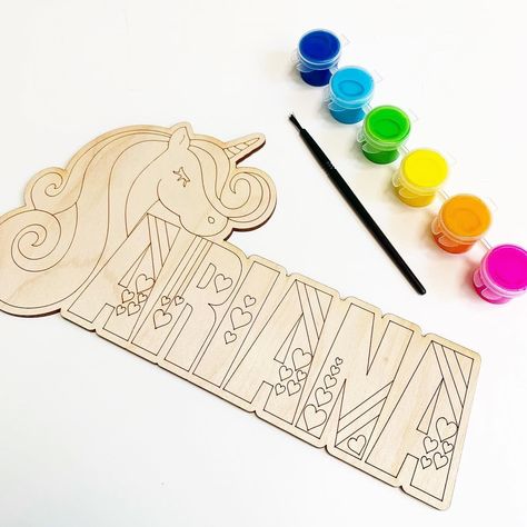 This DIY wood laser engraved design is fun for all ages for any occasion! Are you looking for an unique gift - This kit is perfect for all the creative crafters and even those who aren't crafty! Need a party activity - This kit is perfect to fill the time while bring smiles to everyone painting! Kit include: Name and Unicorn theme Acrylic Paints/Paint Brush Size varies base on the engraved name. Design placement is determined based on engraved name. Unicorn Name Sign - Wood Crafts - Craft Kit - Diy Unicorn Gifts Ideas, Gifts To Make With Laser Engraver, Engraving Wood Ideas, Xtool S1 Project Ideas, Laser Acrylic Projects, Laser Engraving Ideas Gifts, Laser Cut Projects Ideas, Acrylic Laser Projects, Wood Laser Cut Ideas