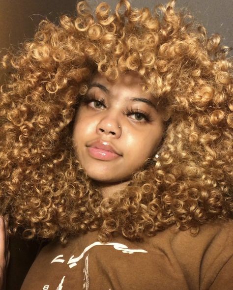 her ig: @iblasiandoll ♡ Blonde Hair On Black Women, Dyed Curly Hair, Honey Brown Hair, Ginger Hair Color, Blonde Curly Hair, Dyed Hair Inspiration, Colored Curly Hair, Dyed Natural Hair, Honey Blonde Hair