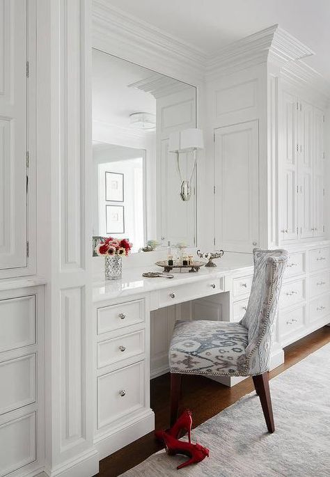 20  Dreamy Walk-In Closet Ideas Closet With Vanity, Built In Dressing Table, Hair Essence, White Built Ins, Built In Vanity, Closet Vanity, Dressing Table Design, Build A Closet, Dream Closets