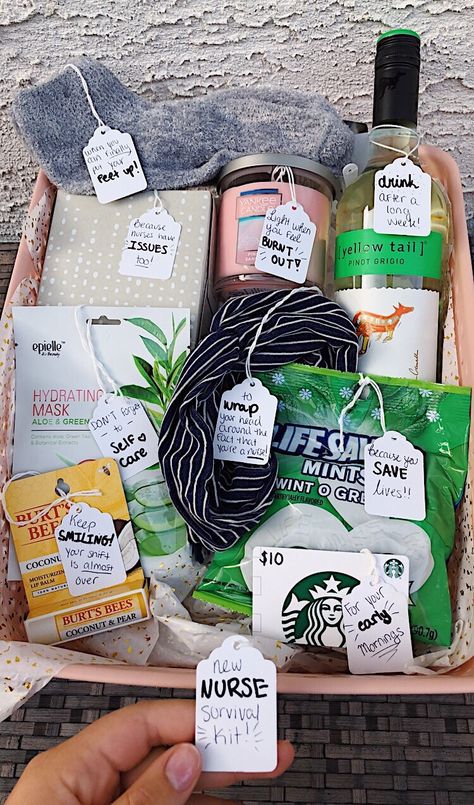 New Job Care Package Gift, Welcome Back Basket For Coworker, Cute Gifts For Nurses, Grad School Gift Basket, Finals Gift Basket, Er Nurse Gifts, Birthday Survival Kits For Her, Nurse Tech Week Ideas, Nurse Appreciation Basket